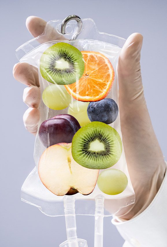 Photo of an IV bag with fruit inside