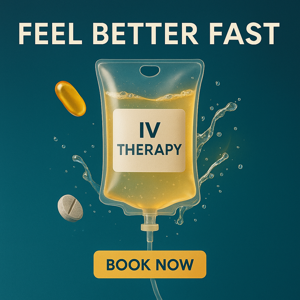 Promotional graphic for IV therapy featuring a golden IV bag labeled "IV Therapy" with water splashes, a vitamin capsule, and a tablet on a deep teal background. Bold text reads "FEEL BETTER FAST" above and a gold "BOOK NOW" button below.