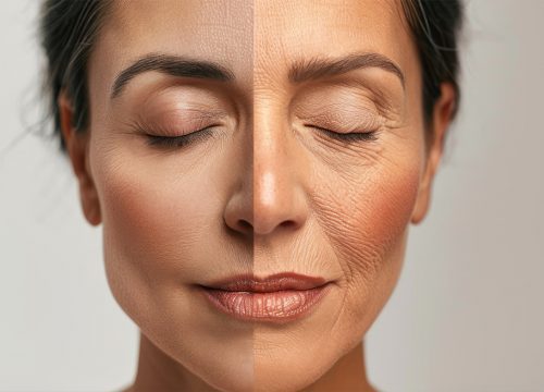Side by side images of a woman with rejuvenated skin and aging skin
