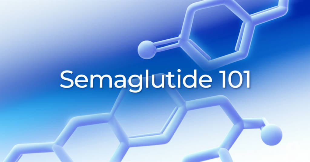 A graphic design for "Semaglutide 101" featuring a glowing blue molecular structure against a gradient background.