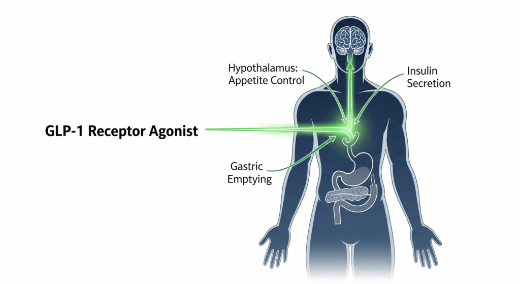 A professional medical diagram showing a GLP-1 Receptor Agonist affecting the human body. A glowing green line labeled 'GLP-1 Receptor Agonist' points to the brain for appetite control, the stomach for gastric emptying, and the pancreas for insulin secretion.