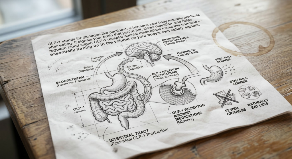 Visual diagram explaining GLP-1 process in body. 